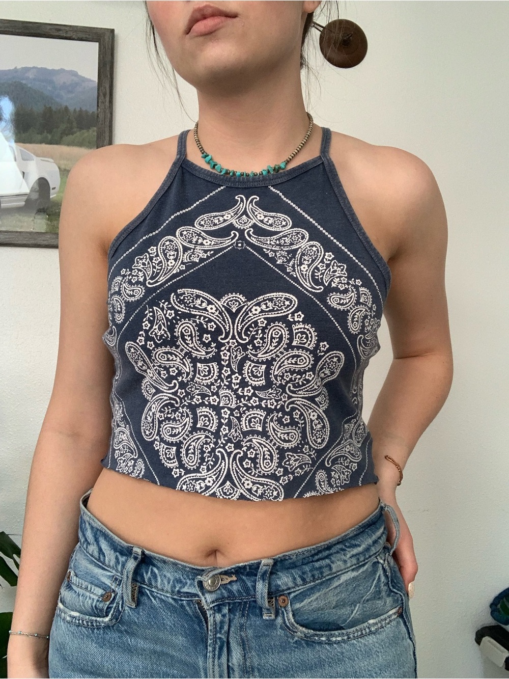 Rock and Roll Denim Blue Paisley Halter Top